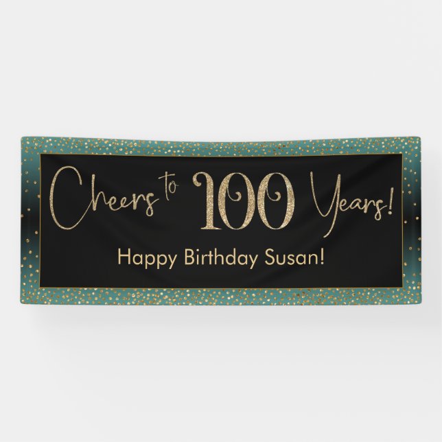 Cheers to 100 Years Birthday Light Teal Gold Black Banner (Horizontal)