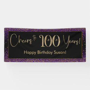 Cheers to 100 Years Birthday Purple Gold Black Banner