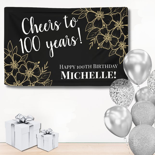 Cheers To 100 Years Black And Gold 100th Birthday Banner (Cheers To 100 Years Black And Gold 100th Birthday Banner)