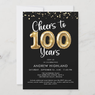 Cheers to 100 Years Gold Balloon Numbers Black Invitation