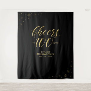 Cheers to 100 years, Gold & Black Birthday Party Tapestry