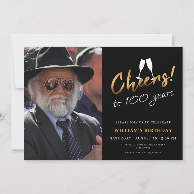 Cheers to 100 Years Gold Black Birthday Photo Invitation (Front)