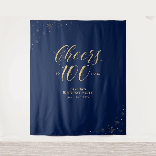 Cheers to 100 years, Gold & Blue Birthday Party Tapestry (Front)