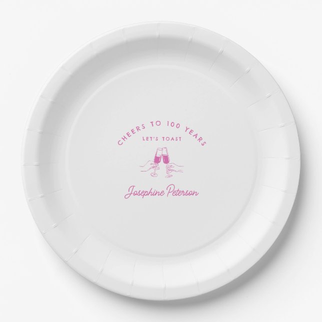 Cheers to 100 Years Pink 100th Birthday Custom Paper Plate (Front)