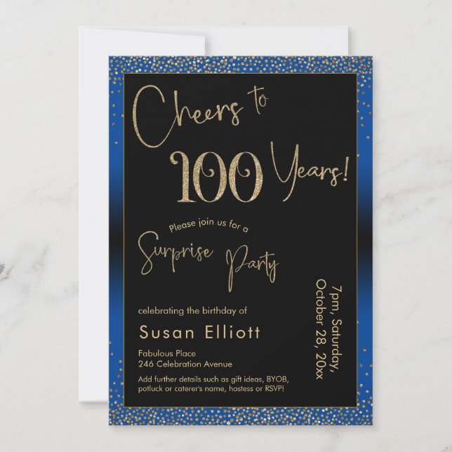 Cheers to 100 Years Surprise Birthday Party, Blue Invitation (Front)