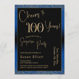 Cheers to 100 Years Surprise Birthday Party, Blue Invitation