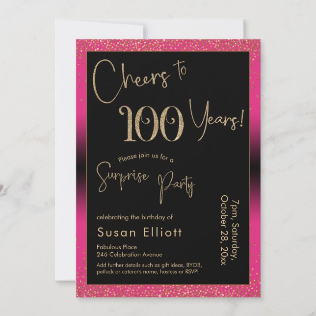 Cheers to 100 Years Surprise Birthday Party, Pink Invitation (Front)