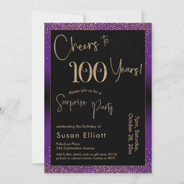 Cheers to 100 Years Surprise Birthday Party Purple Invitation (Front)