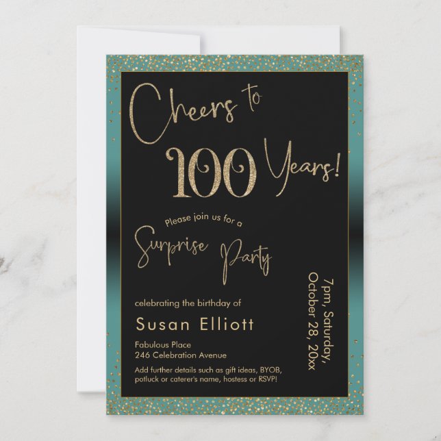 Cheers to 100 Years Surprise Birthday Party, Teal Invitation (Front)