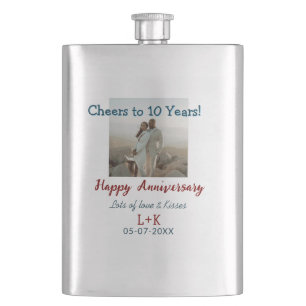 Cheers to 10 Years happy anniversary add photo dat Hip Flask