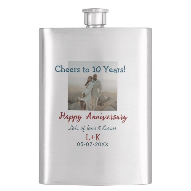 Cheers to 10 Years happy anniversary add photo dat Hip Flask (Front)