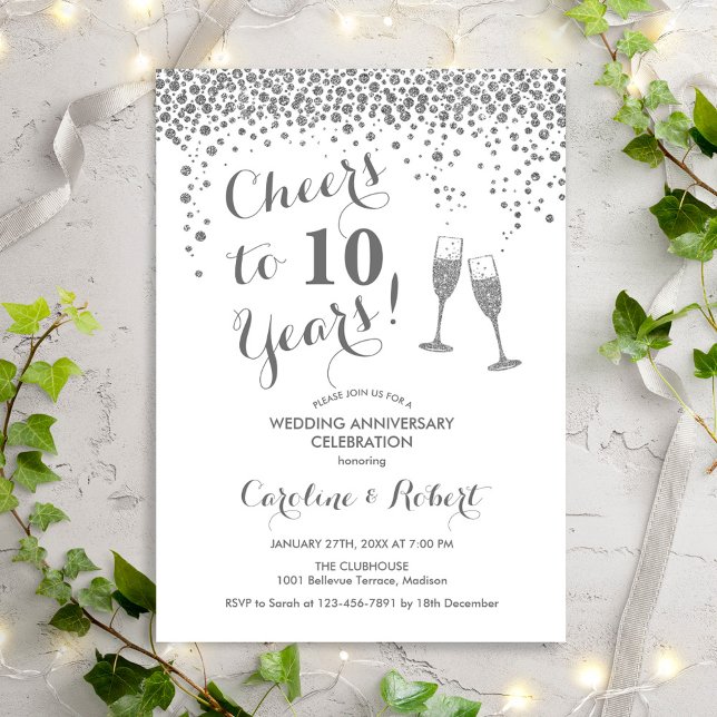 Cheers to 10th Anniversary - Silver White Invitation (Creator Uploaded)