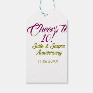 Cheers to 10th wedding anniversary mauve golden na gift tags
