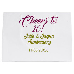 Cheers to 10th wedding anniversary mauve golden na large gift bag