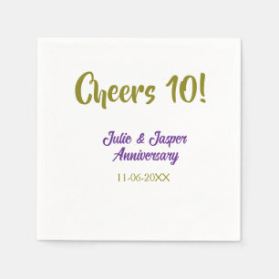 Cheers to 10th wedding anniversary purpl golden na napkin