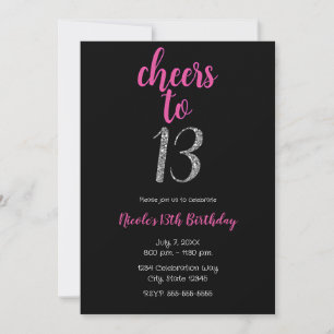 Cheers to 13 Pink Black Thirteenth Birthday Party Invitation