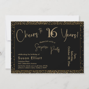 Cheers to 16 Years Surprise Birthday Gold & Black Invitation