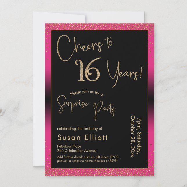 Cheers to 16 Years Surprise Birthday Party, Pink Invitation (Front)