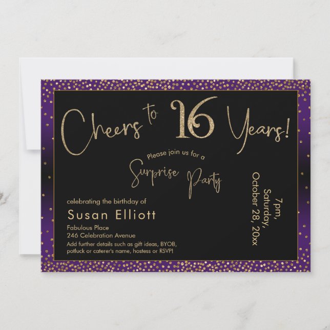 Cheers to 16 Years Surprise Birthday, Purple Invitation (Front)