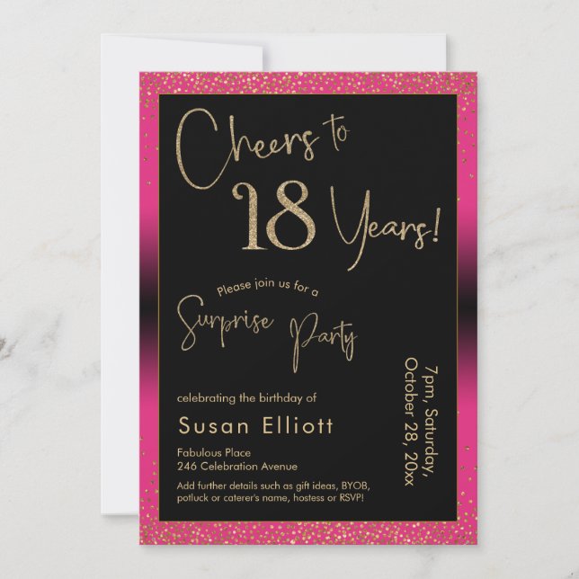 Cheers to 18 Years Surprise Birthday Party, Pink Invitation (Front)