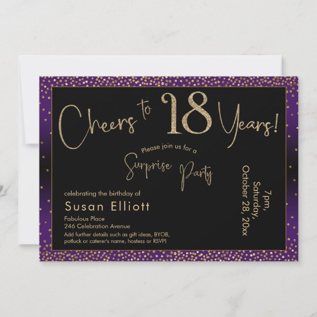 Cheers to 18 Years Surprise Birthday, Purple Invitation (Front)