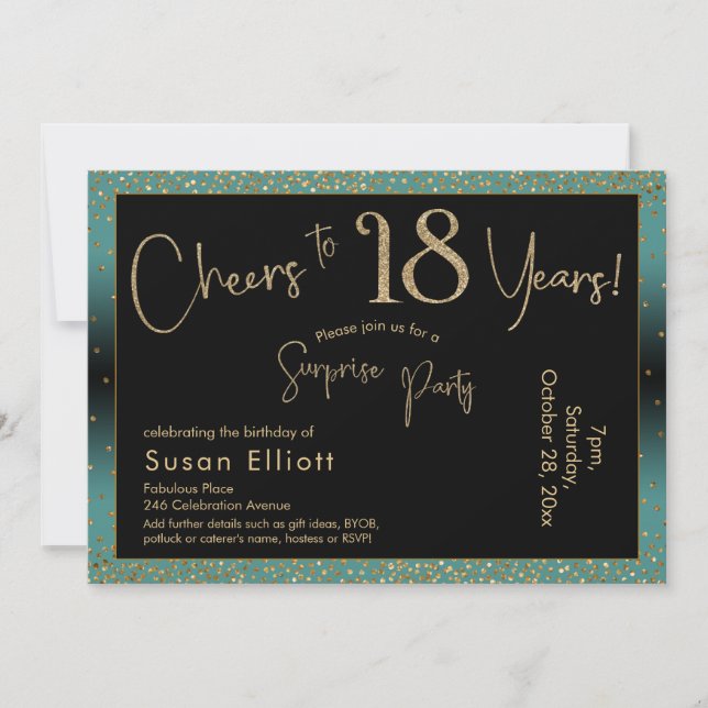 Cheers to 18 Years Surprise Birthday Teal and Gold Invitation (Front)