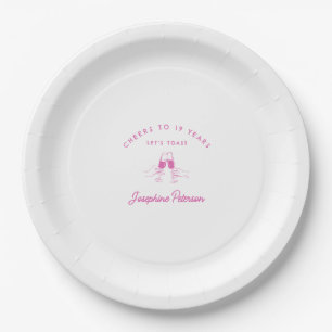 Cheers to 19 Years Pink 19th Birthday Custom Paper Plate