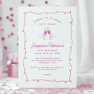 Cheers to 19 Years Pink Whimsical Doodle  Invitation