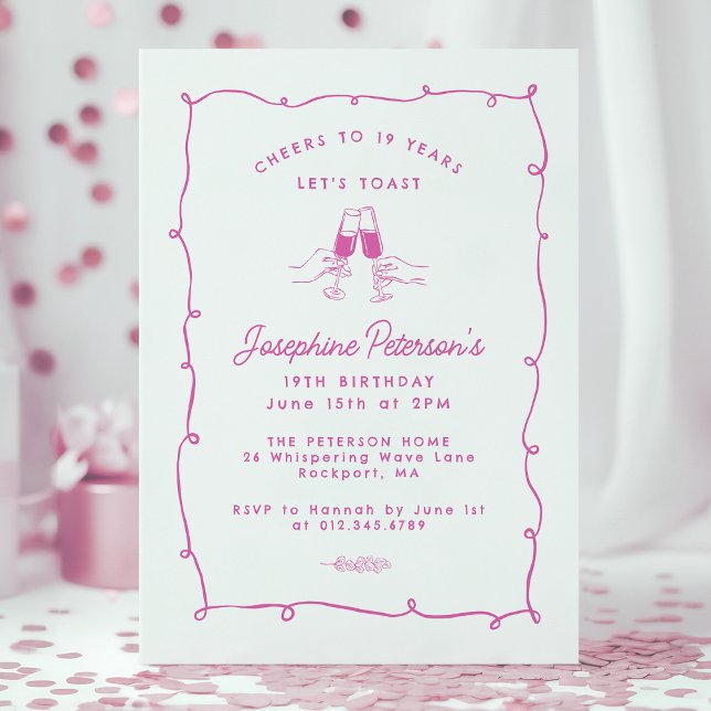 Cheers to 19 Years Pink Whimsical Doodle  Invitation (Creator Uploaded)