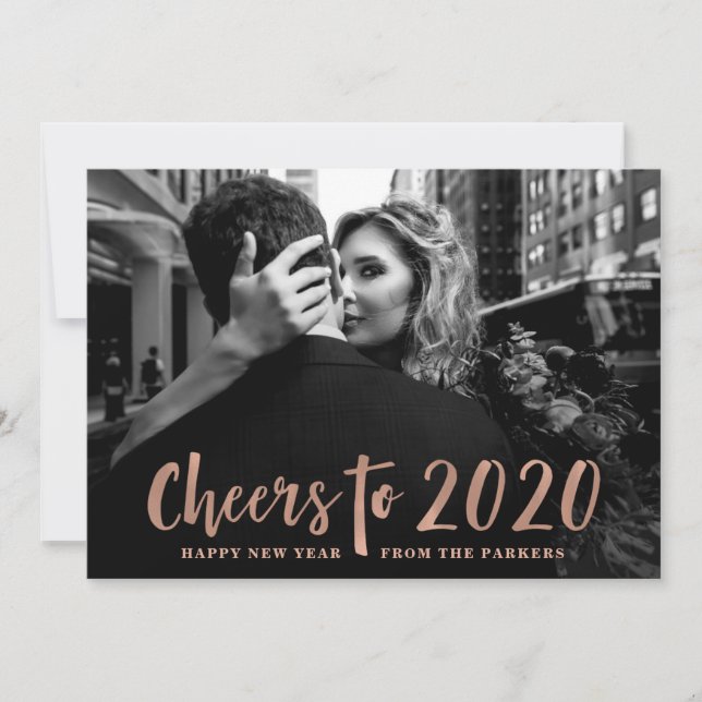 Cheers to 2020 | Rose Gold Happy New Year Photo Holiday Card (Front)