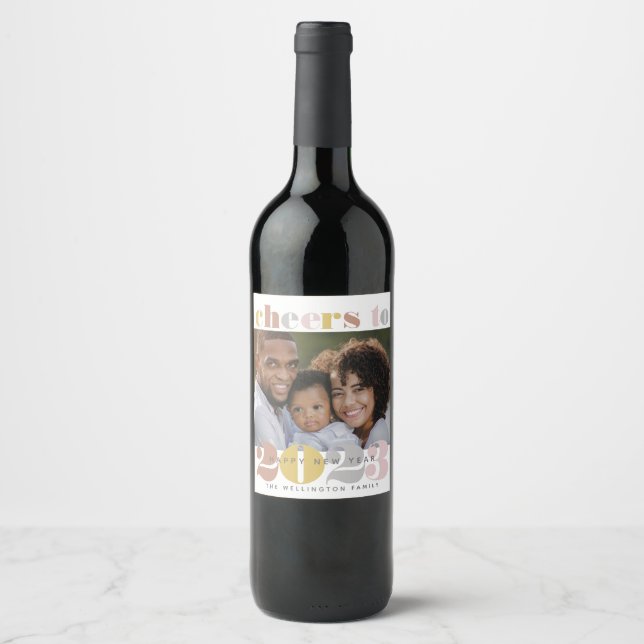 Cheers to 2023 New Year Holiday Photo Wine Label (Front)