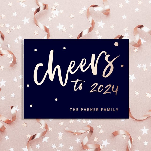 Cheers to 2024 | New Year Typography Rose Gold Foil Holiday Postcard (A modern 2024 happy new year postcard with real rose gold foil)