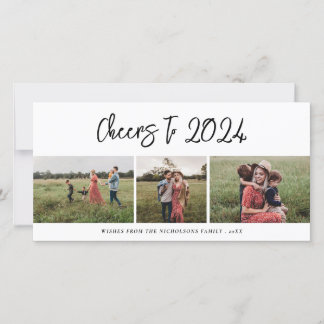 Cheers To 2024 Script Three Family Photo Modern Holiday Card