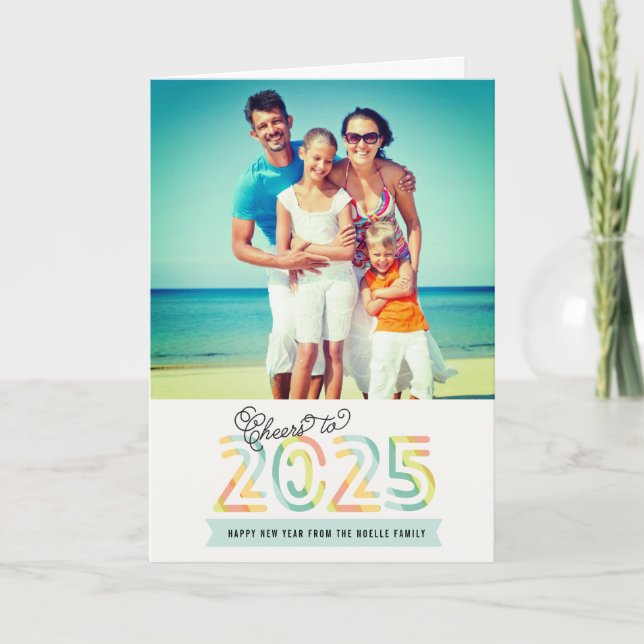 Cheers to 2025 Citrus Stripes Happy New Year Photo Holiday Card (Front)