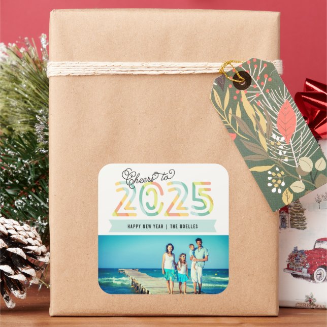Cheers to 2025 Citrus Stripes Happy New Year Photo Square Sticker (Holiday)