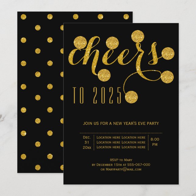 Cheers to 2025 gold New Year's Eve party black Invitation (Front/Back)