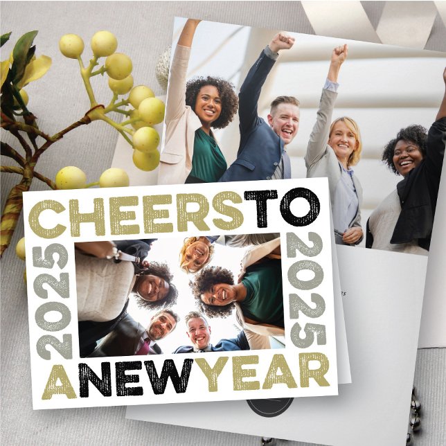 Cheers To 2025 Gold Typography Blocks Frame Photo Holiday Card (Creator Uploaded)