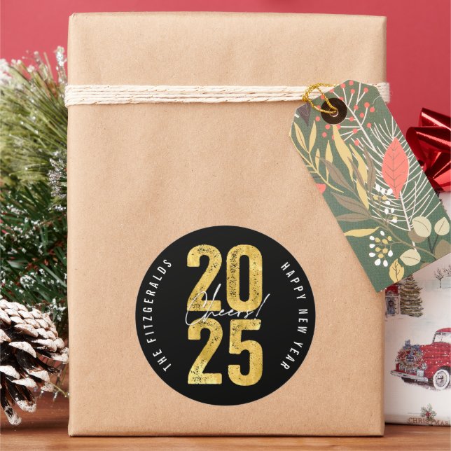 Cheers To 2025 Gold Typography Modern New Year Classic Round Sticker (Holiday)