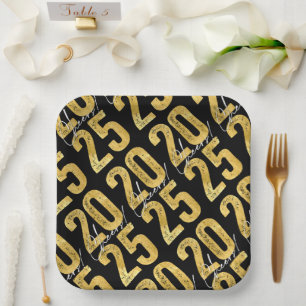 Cheers To 2025 Gold Typography New Year Party Paper Plate