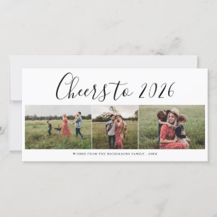 Cheers To 2026 Script Three Photo Collage Modern Holiday Card