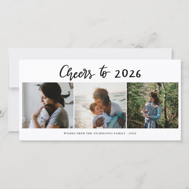 Cheers To 2026 Script Three Photo Collage Modern Holiday Card (Front)