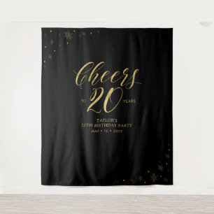 Cheers to 20 years Gold & Black Birthday Party Tapestry