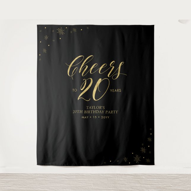 Cheers to 20 years | Gold & Black Birthday Party Tapestry (Front)