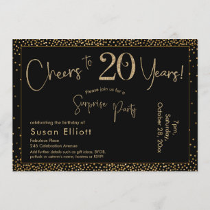 Cheers to 20 Years Surprise Birthday Gold & Black Invitation