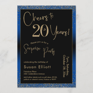 Cheers to 20 Years Surprise Birthday Party Blue Invitation