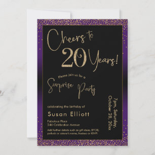 Cheers to 20 Years Surprise Birthday Party, Purple Invitation