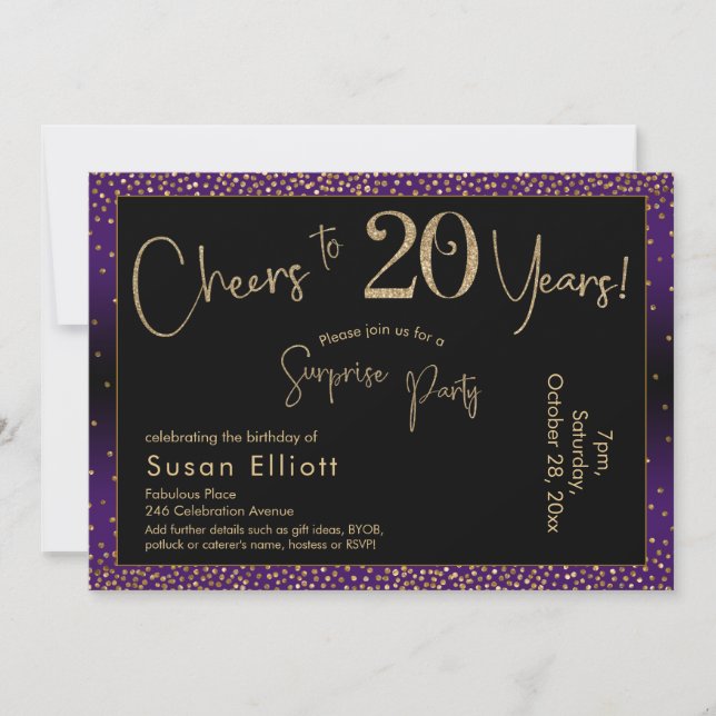 Cheers to 20 Years Surprise Birthday, Purple Invitation (Front)