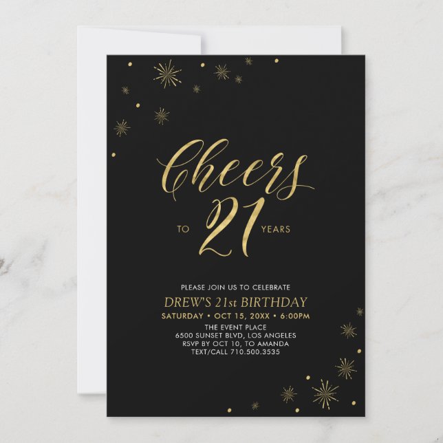 Cheers to 21 | Gold & Black 21st Birthday Party Invitation (Front)