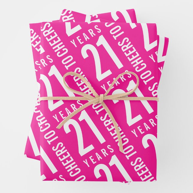 Cheers to 21 Years Birthday Hot Pink Wrapping Paper Sheet (In situ)