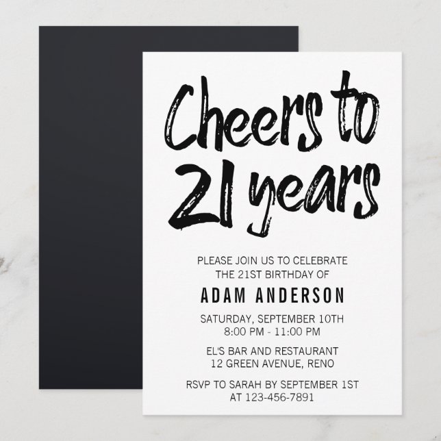 Cheers to 21 Years Black And White 21st Birthday Invitation (Front/Back)